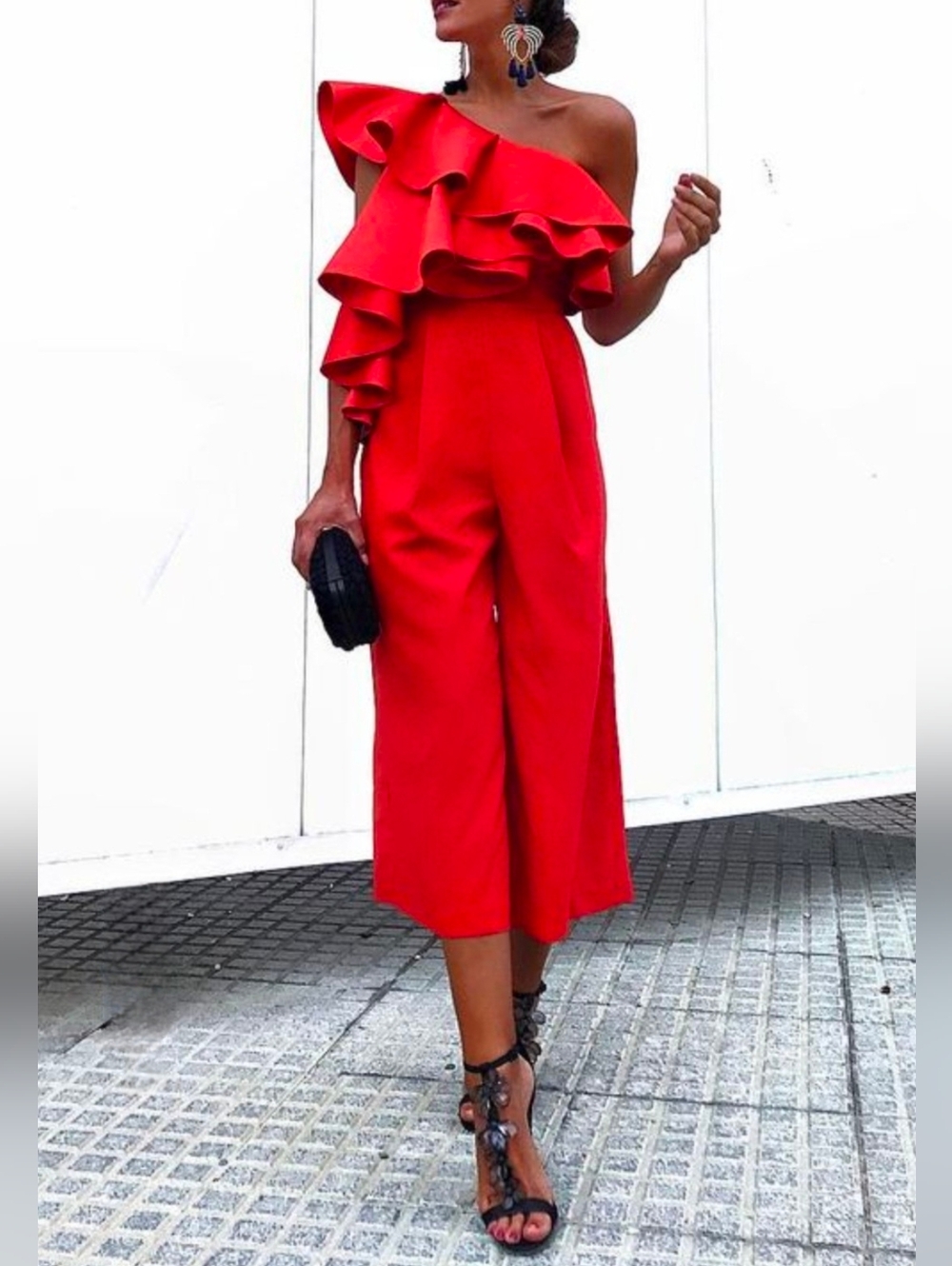 Stunning NWT ASOS Evening Ruffled One Shoulder Wide Leg Culottes Jumpsuit US 6